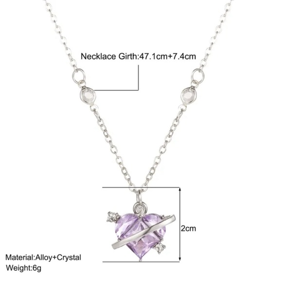Silver Color Heart Necklace with a Purple Rhinestone - Picture 5 of 6